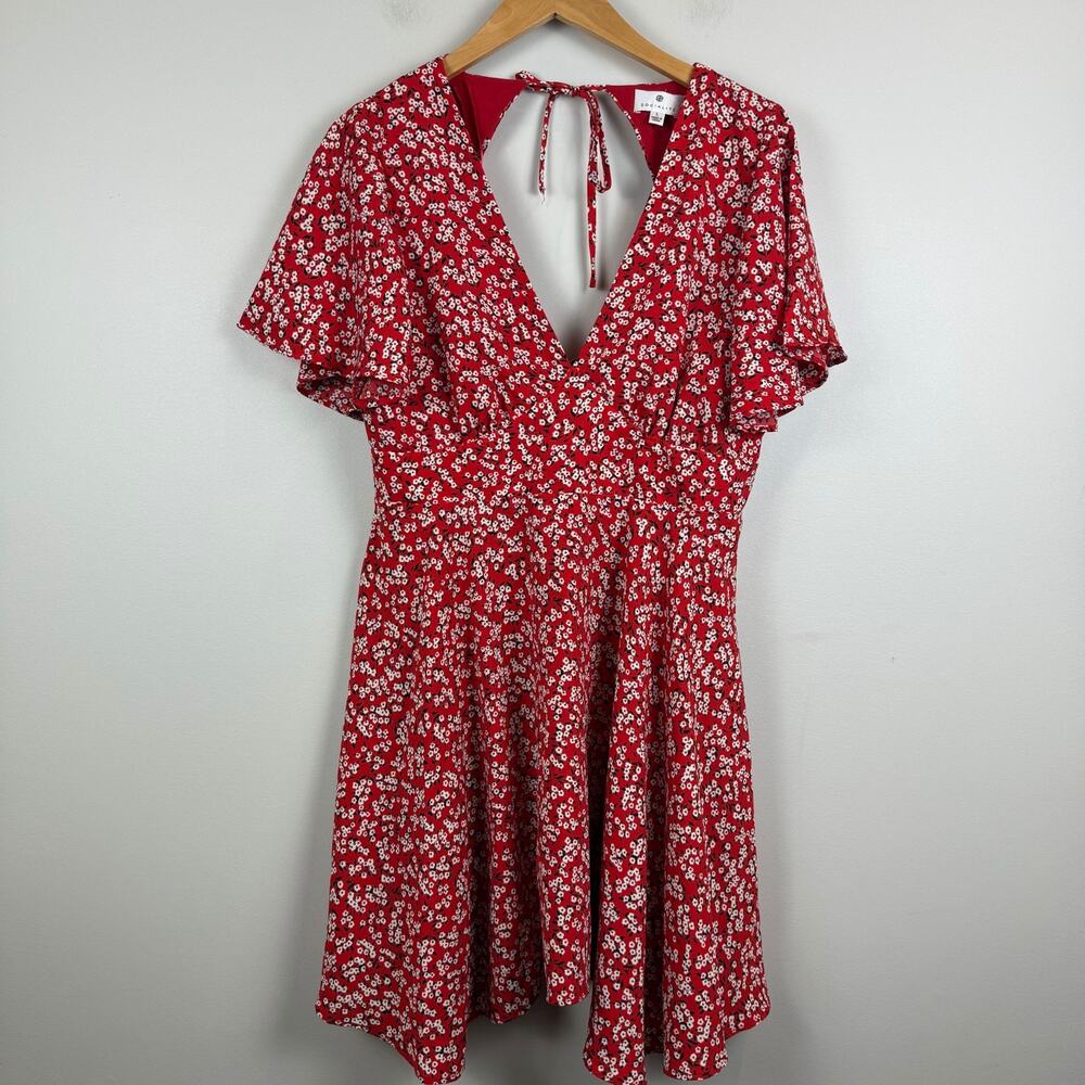 Socialite Mini Dress Womens Large Red White Floral Ditsy Cutout V-Neck Bohemian